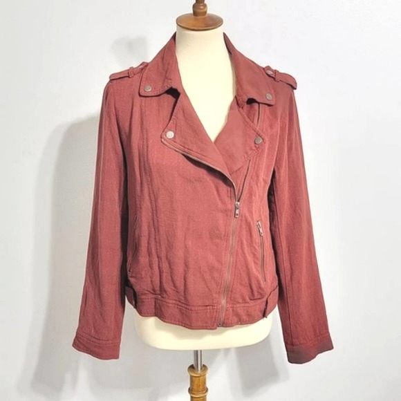 Blu Pepper Jackets & Blazers - Rust Color Linen Moto Style Jacket